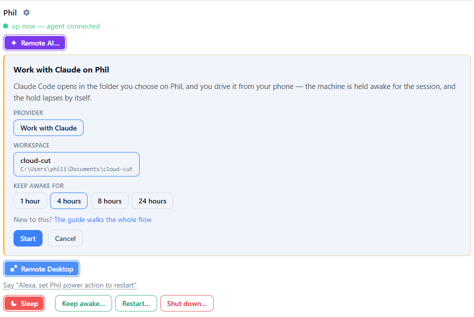A machine row with the Remote AI chooser open: a provider row fixed on Work with Claude, a registered workspace named cloud-cut with its folder path, hold durations of 1, 4, 8 and 24 hours, and Start and Cancel buttons.