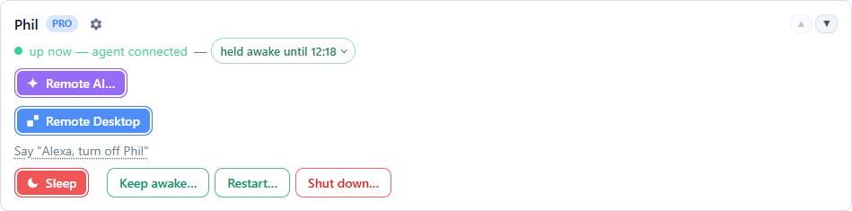 A machine row reading 'up now — agent connected — held awake until 12:18', with Remote AI and Remote Desktop buttons and, below, the Sleep button beside the hold, restart and shutdown controls.