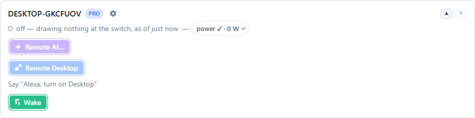 A machine row on the dashboard reading 'off — drawing nothing at the switch, as of just now', a power chip showing 0 W, the phrase to say to the voice assistant, and a green Wake button.